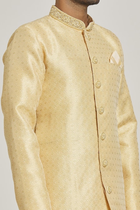 Buy_Arihant Rai Sinha_Beige Brocade, Silk Floral Pattern Sherwani Set _Online_at_Aza_Fashions