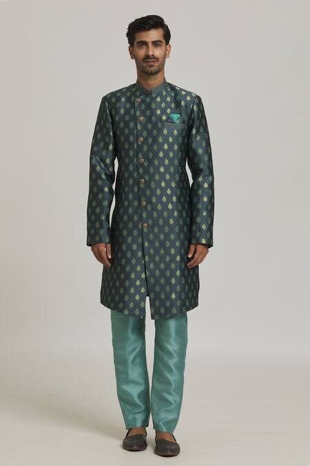 Arihant Rai Sinha Green Brocade, Silk Beads Blossom Pattern Sherwani With Pant Online at Aza Fashions Arihant Rai Sinha_Green Brocade, Silk Beads Blossom Pattern Sherwani With Pant_Online_at_Aza_Fashions