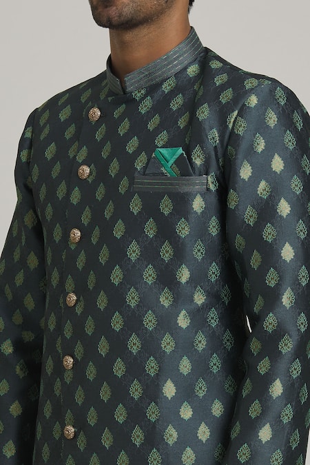 Shop Arihant Rai Sinha Green Brocade, Silk Beads Blossom Pattern Sherwani With Pant Online at Aza Fashions Shop_Arihant Rai Sinha_Green Brocade, Silk Beads Blossom Pattern Sherwani With Pant_Online_at_Aza_Fashions
