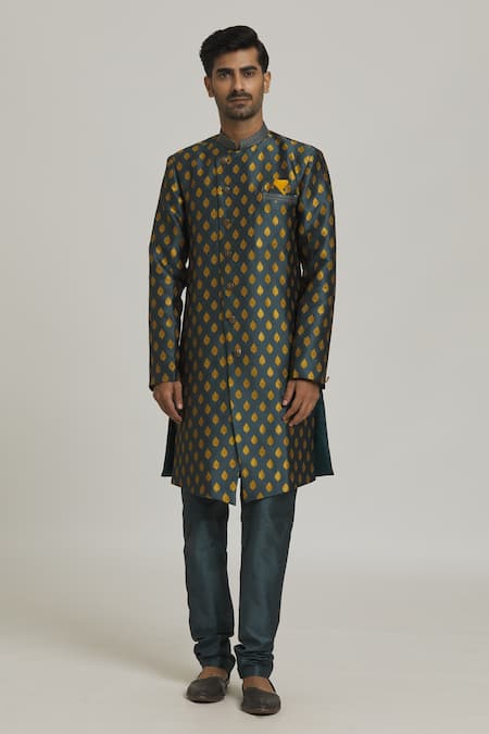 Arihant Rai Sinha_Yellow Brocade, Silk Embroidery Bright Floral Pattern Sherwani With Churidar _Online_at_Aza_Fashions
