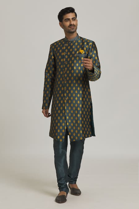 Buy_Arihant Rai Sinha_Yellow Brocade, Silk Embroidery Bright Floral Pattern Sherwani With Churidar _Online_at_Aza_Fashions