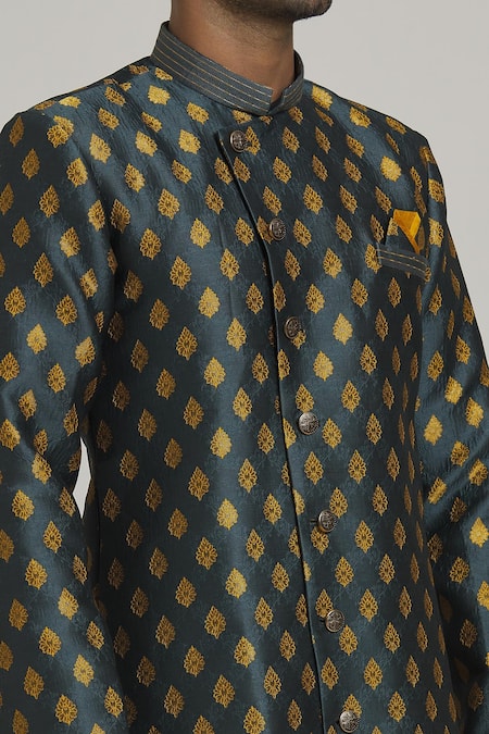 Shop_Arihant Rai Sinha_Yellow Brocade, Silk Embroidery Bright Floral Pattern Sherwani With Churidar _Online_at_Aza_Fashions