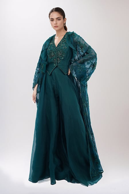 Ridhi Mehra Emerald Green Embroidered Floral V Neck Jacket Sharara Set 