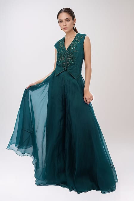 Shop_Ridhi Mehra_Emerald Green Chiffon Embroidery, Beads V-neck Floral Jacket Sharara Set _Online_at_Aza_Fashions