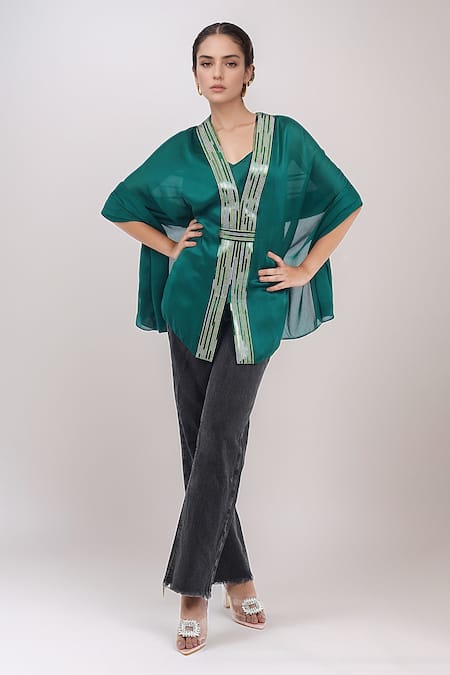 Amit Aggarwal Emerald Green Net Embellished Metallic V Neck Kaftan Top 