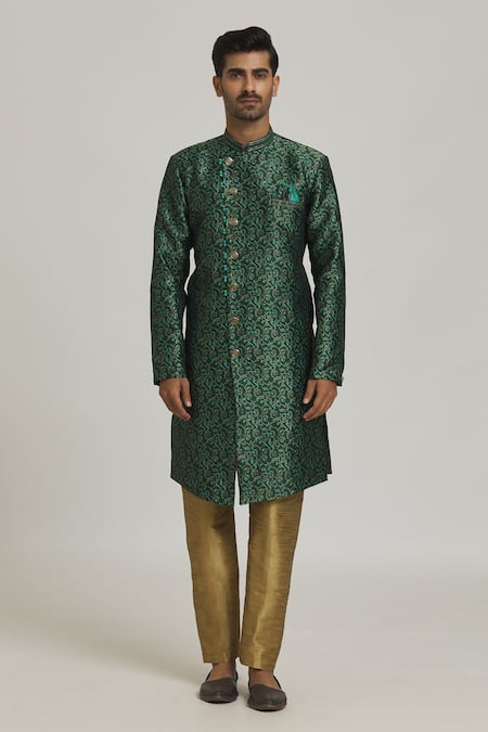 Buy_Samyukta Singhania_Green Silk Embroidery Woven Side Buttoned Sherwani With Pant _Online_at_Aza_Fashions