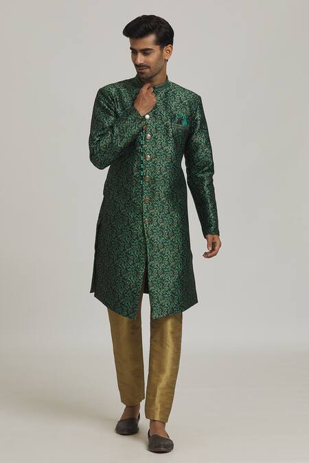 Shop_Samyukta Singhania_Green Silk Embroidery Woven Side Buttoned Sherwani With Pant _Online_at_Aza_Fashions