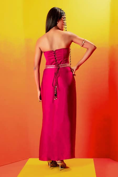 Shop Prahnaaya Pink Velvet, Satin Pearls, Sequins, Gota Embroidered Draped Skirt And Corset Set at Aza Fashions Shop_Prahnaaya_Pink Velvet, Satin Pearls, Sequins, Gota Embroidered Draped Skirt And Corset Set _at_Aza_Fashions