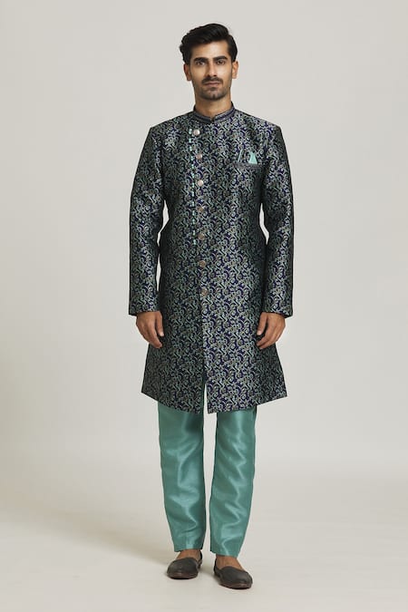 Buy_Arihant Rai Sinha_Blue Brocade, Silk Embroidery Swirl Pattern Woven Sherwani With Pant _Online_at_Aza_Fashions