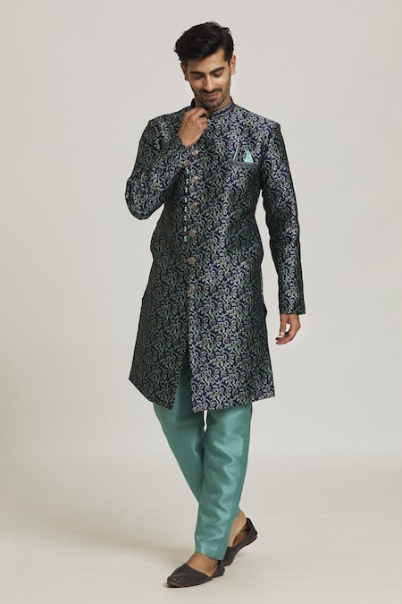 Shop_Arihant Rai Sinha_Blue Brocade, Silk Embroidery Swirl Pattern Woven Sherwani With Pant _Online_at_Aza_Fashions