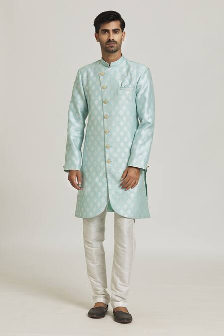 Arihant Rai Sinha_Sky Blue Silk Embroidery Woven Curved Hem Sherwani With Pant_Online_at_Aza_Fashions