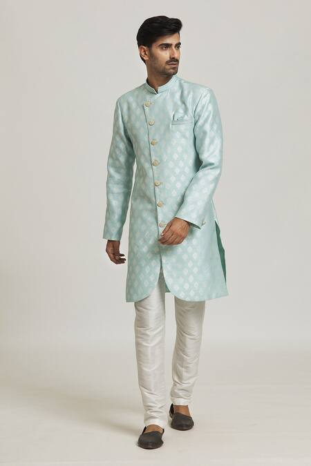 Buy_Arihant Rai Sinha_Sky Blue Silk Embroidery Woven Curved Hem Sherwani With Pant_Online_at_Aza_Fashions
