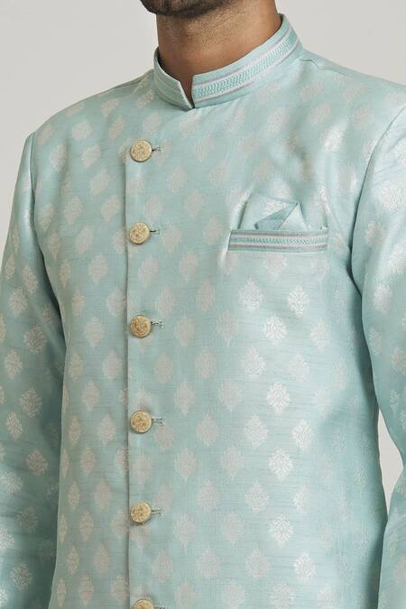 Shop_Arihant Rai Sinha_Sky Blue Silk Embroidery Woven Curved Hem Sherwani With Pant_Online_at_Aza_Fashions