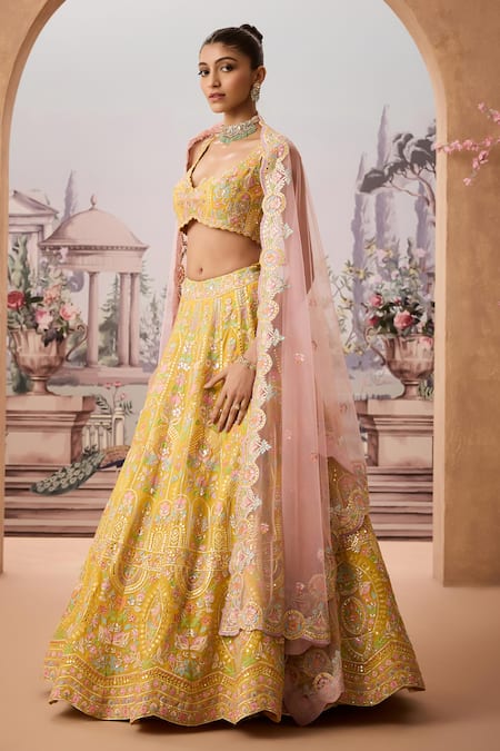 Aneesh Agarwaal_Yellow Net, Silk Organza Embroidery, Sequins, Baroque Flora Bridal Lehenga Set _Online_at_Aza_Fashions