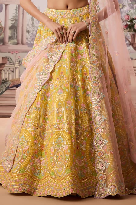 Buy_Aneesh Agarwaal_Yellow Net, Silk Organza Embroidery, Sequins, Baroque Flora Bridal Lehenga Set _Online_at_Aza_Fashions