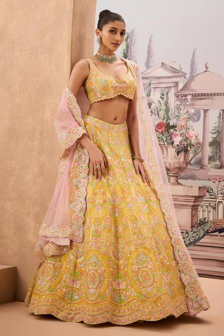 Shop_Aneesh Agarwaal_Yellow Net, Silk Organza Embroidery, Sequins, Baroque Flora Bridal Lehenga Set _Online_at_Aza_Fashions