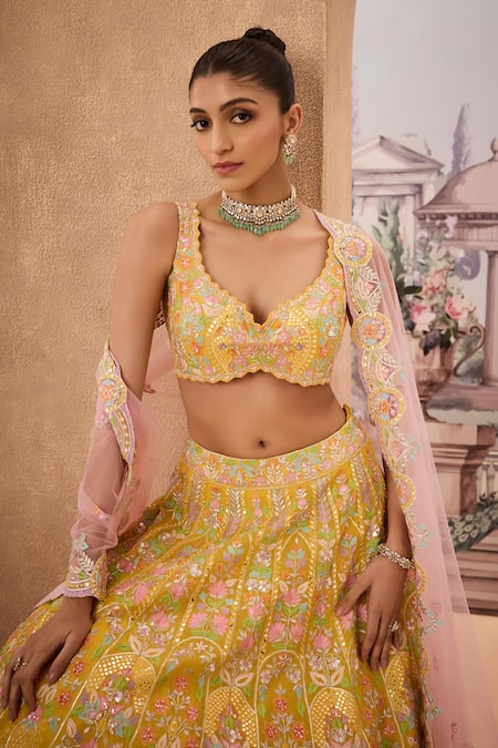 Aneesh Agarwaal_Yellow Net, Silk Organza Embroidery, Sequins, Baroque Flora Bridal Lehenga Set _at_Aza_Fashions