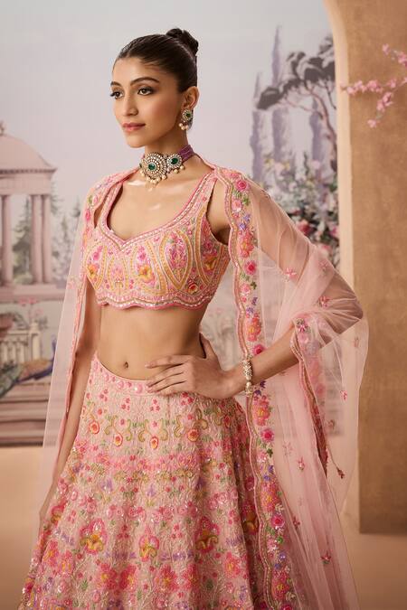 Aneesh Agarwaal_Pink Silk Organza, Net Cut Work, Sequins Boat Gul Embroidered Bridal Lehenga Set _Online_at_Aza_Fashions