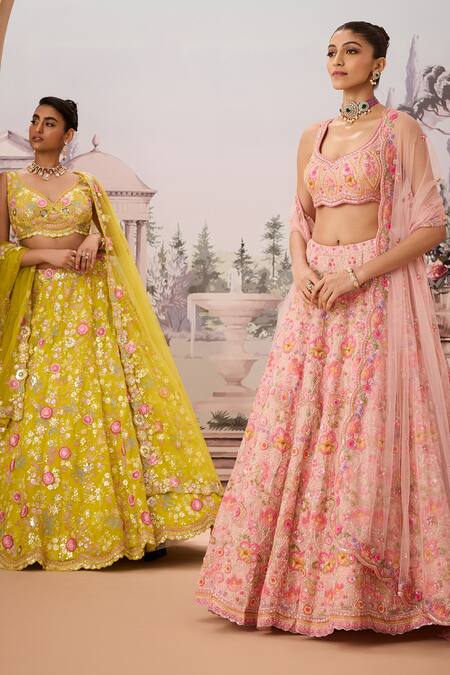 Buy_Aneesh Agarwaal_Pink Silk Organza, Net Cut Work, Sequins Boat Gul Embroidered Bridal Lehenga Set _Online_at_Aza_Fashions