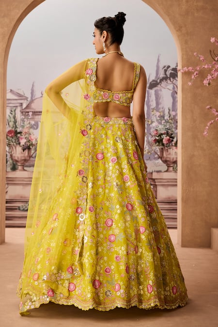 Shop_Aneesh Agarwaal_Green Net, Silk Organza Sequins, Mirrors, Gullista Bridal Lehenga Set _at_Aza_Fashions
