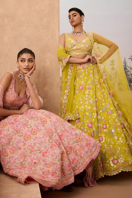 Buy_Aneesh Agarwaal_Green Net, Silk Organza Sequins, Mirrors, Gullista Bridal Lehenga Set _Online_at_Aza_Fashions