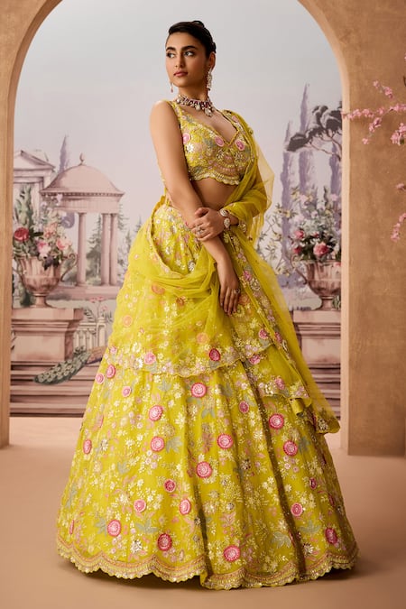 Shop_Aneesh Agarwaal_Green Net, Silk Organza Sequins, Mirrors, Gullista Bridal Lehenga Set _Online_at_Aza_Fashions