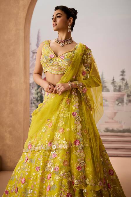 Aneesh Agarwaal_Green Net, Silk Organza Sequins, Mirrors, Gullista Bridal Lehenga Set _at_Aza_Fashions