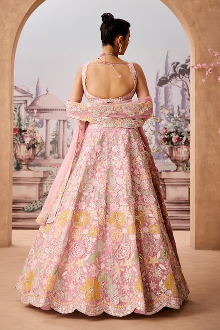Shop_Aneesh Agarwaal_Pink Silk Organza, Net Embroidery, Sequins Bloom Garden Bridal Lehenga Set _at_Aza_Fashions