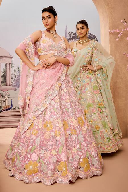 Aneesh Agarwaal_Pink Silk Organza, Net Embroidery, Sequins Bloom Garden Bridal Lehenga Set _Online_at_Aza_Fashions