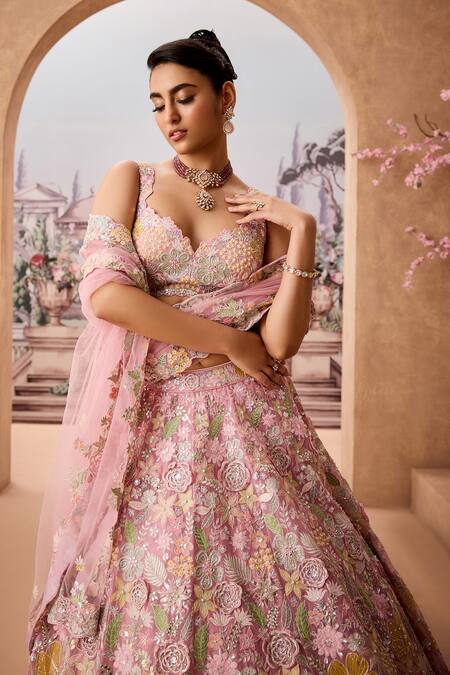 Shop_Aneesh Agarwaal_Pink Silk Organza, Net Embroidery, Sequins Bloom Garden Bridal Lehenga Set _Online_at_Aza_Fashions