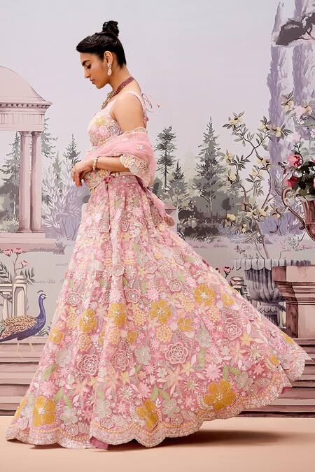 Aneesh Agarwaal_Pink Silk Organza, Net Embroidery, Sequins Bloom Garden Bridal Lehenga Set _at_Aza_Fashions