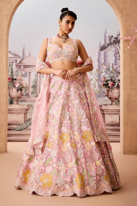 Buy_Aneesh Agarwaal_Pink Silk Organza, Net Embroidery, Sequins Bloom Garden Bridal Lehenga Set 