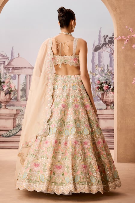 Shop_Aneesh Agarwaal_Ivory Silk Organza Sequins, Embroidery Bahar Garden Bridal Lehenga Set _at_Aza_Fashions