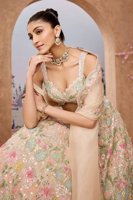 Aneesh Agarwaal_Ivory Silk Organza Sequins, Embroidery Bahar Garden Bridal Lehenga Set _Online_at_Aza_Fashions