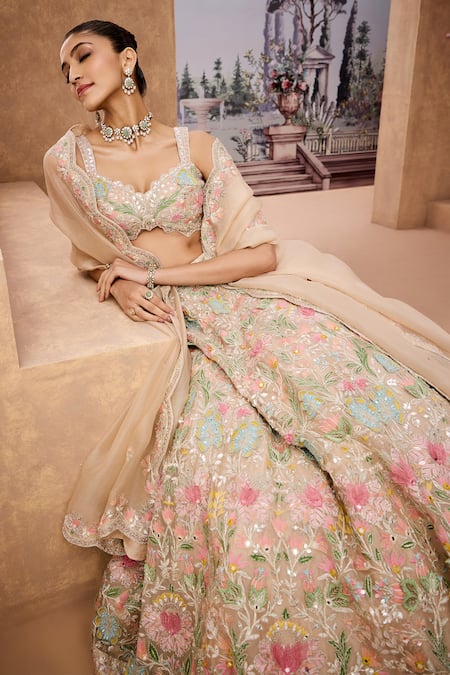 Buy_Aneesh Agarwaal_Ivory Silk Organza Sequins, Embroidery Bahar Garden Bridal Lehenga Set _Online_at_Aza_Fashions
