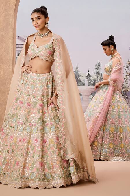 Shop_Aneesh Agarwaal_Ivory Silk Organza Sequins, Embroidery Bahar Garden Bridal Lehenga Set _Online_at_Aza_Fashions