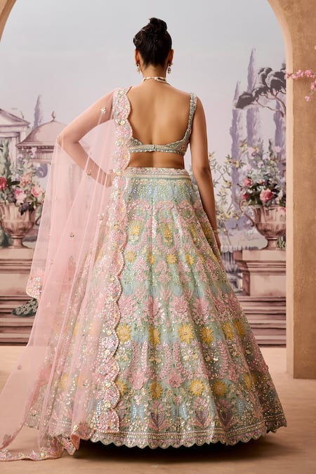 Shop_Aneesh Agarwaal_Green Net, Silk Organza Sequins, Mirrors, Gulbahar Bridal Lehenga Set _at_Aza_Fashions