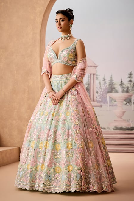 Aneesh Agarwaal_Green Net, Silk Organza Sequins, Mirrors, Gulbahar Bridal Lehenga Set _Online_at_Aza_Fashions