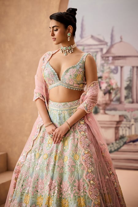 Buy_Aneesh Agarwaal_Green Net, Silk Organza Sequins, Mirrors, Gulbahar Bridal Lehenga Set _Online_at_Aza_Fashions