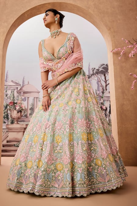Shop_Aneesh Agarwaal_Green Net, Silk Organza Sequins, Mirrors, Gulbahar Bridal Lehenga Set _Online_at_Aza_Fashions