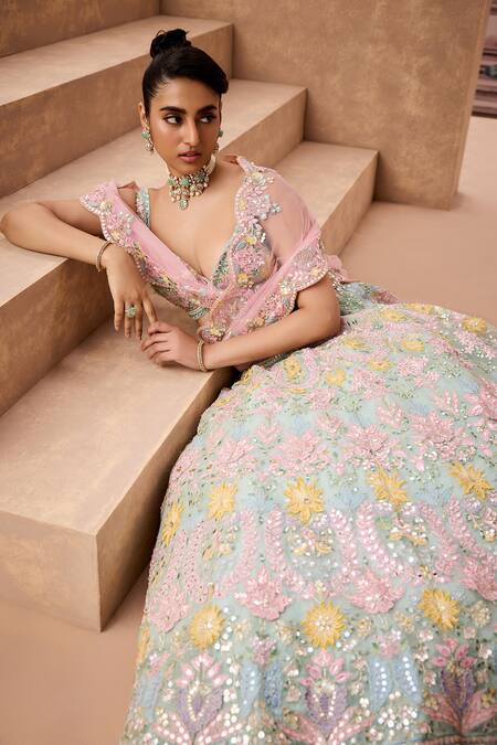 Aneesh Agarwaal_Green Net, Silk Organza Sequins, Mirrors, Gulbahar Bridal Lehenga Set _at_Aza_Fashions