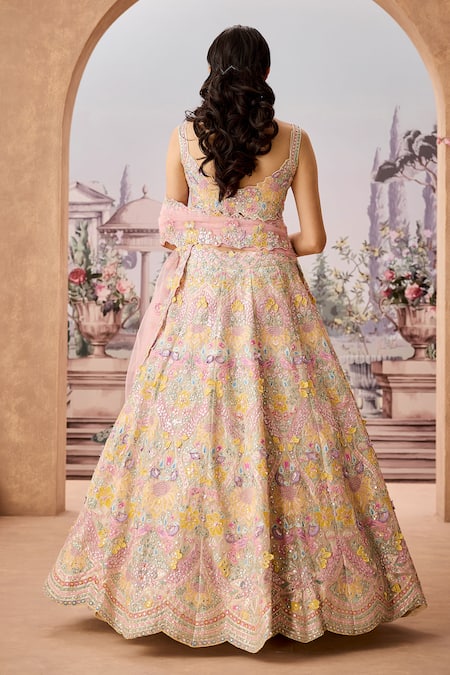Shop_Aneesh Agarwaal_Ivory Net, Silk Organza Sequins, Embroidery Square Blossom Bridal Lehenga Set _at_Aza_Fashions