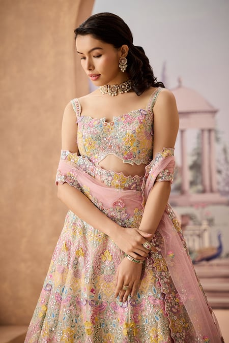 Buy_Aneesh Agarwaal_Ivory Net, Silk Organza Sequins, Embroidery Square Blossom Bridal Lehenga Set _Online_at_Aza_Fashions