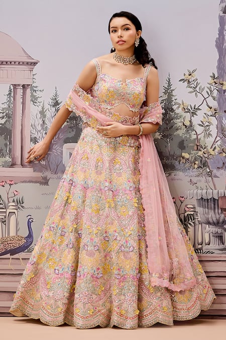 Shop_Aneesh Agarwaal_Ivory Net, Silk Organza Sequins, Embroidery Square Blossom Bridal Lehenga Set _Online_at_Aza_Fashions