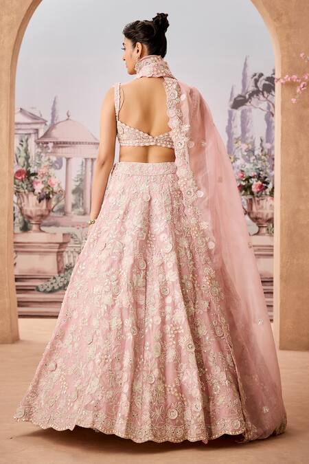 Shop_Aneesh Agarwaal_Pink Silk Organza Sequins, Pearls, Petunia Garden Embroidered Bridal Lehenga Set _at_Aza_Fashions