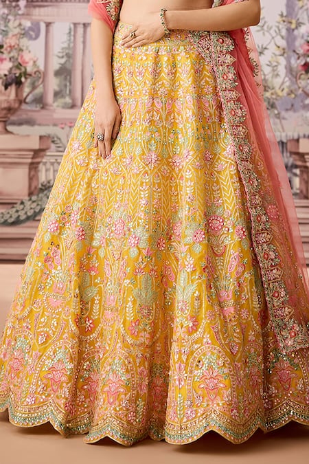 Aneesh Agarwaal_Yellow Net, Silk Organza Sequins, Mirrors, Mughlai Bahar Bridal Lehenga Set _Online_at_Aza_Fashions