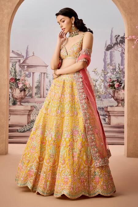 Buy_Aneesh Agarwaal_Yellow Net, Silk Organza Sequins, Mirrors, Mughlai Bahar Bridal Lehenga Set _Online_at_Aza_Fashions