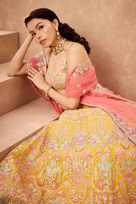 Aneesh Agarwaal_Yellow Net, Silk Organza Sequins, Mirrors, Mughlai Bahar Bridal Lehenga Set _at_Aza_Fashions
