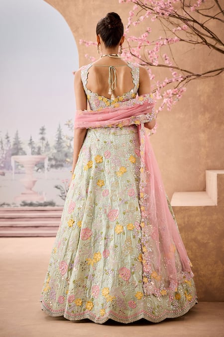 Shop_Aneesh Agarwaal_Green Silk Organza, Net Sequins, Embroidery Phool Bahar Bridal Lehenga Set _at_Aza_Fashions