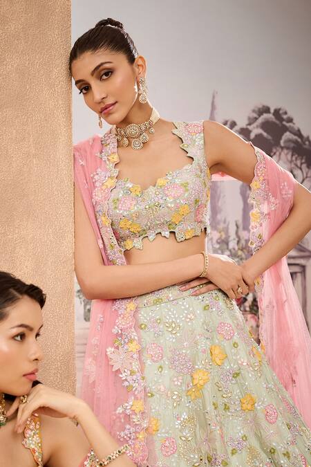 Aneesh Agarwaal_Green Silk Organza, Net Sequins, Embroidery Phool Bahar Bridal Lehenga Set _Online_at_Aza_Fashions